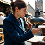 A focused female shopper, fully clothed in modest, professional attire suitable for a pleasant morning, carefully examining a vintage ornate metal lamp at a bustling outdoor flea market stall. The market is filled with various antique items like old books and wooden furniture in the background. The scene is well-lit with soft daylight, reflecting a sense of discovery and appreciation for unique finds. Perfect anatomy, correct proportions, natural pose, well-formed hands, proper finger count, natural body proportions, professional photography, high quality, safe for work, appropriate content, family-friendly.